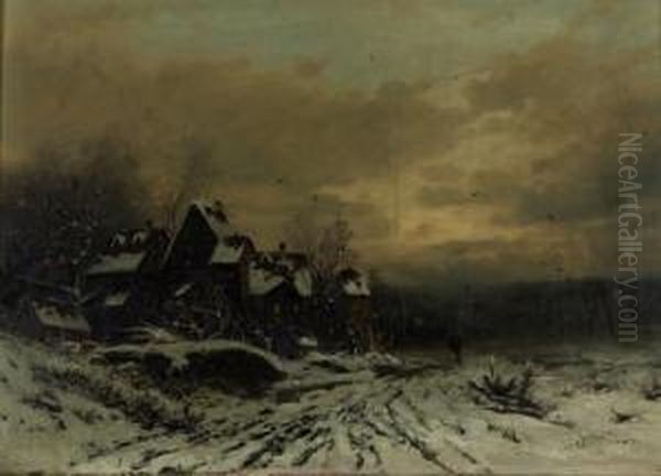 Wanderer In Winterlicher Landschaft Mit Gehoft Oil Painting by Joseph Friedrich N. Heydendahl