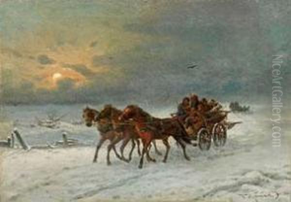 Russische Winterlandschaft Mit Pferdefuhrwerken Oil Painting by Joseph Friedrich N. Heydendahl