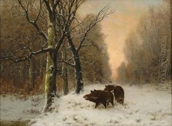 Schwarzwild Im Winterwald. Oil Painting by Joseph Friedrich N. Heydendahl