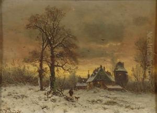 Winterlandschaft Mit Jager Und Hund. Oil Painting by Joseph Friedrich N. Heydendahl