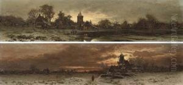 Skaters At Dusk; And The Road Home Oil Painting by Joseph Friedrich N. Heydendahl