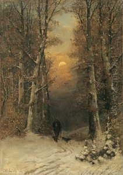 Jager Im Verschneiten Winterwald. Oil Painting by Joseph Friedrich N. Heydendahl