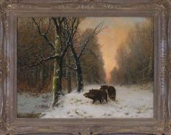 Drei Wildschweine Im Abendlichen Winterwald Oil Painting by Joseph Friedrich N. Heydendahl