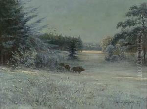 Rotte Wildsauen In Winterlandschaft Oil Painting by Joseph Friedrich N. Heydendahl