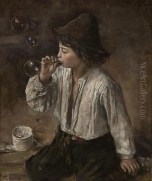 Boy Blowing Bobbles Oil Painting by Hans Olaf Heyerdahl