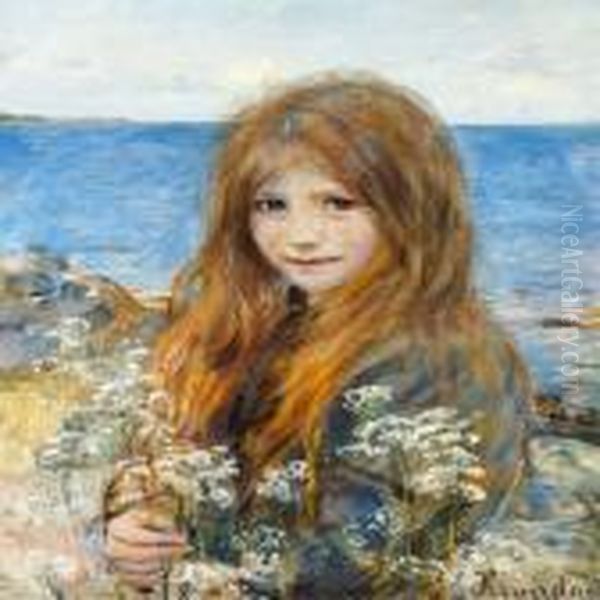 Little Girl On The Beach Oil Painting by Hans Olaf Heyerdahl