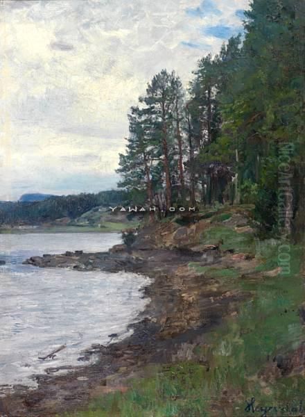 Skogen Ved Bygdoy Bad Med Kolsas I Bakgrunnen Olje Pa Lerret Oil Painting by Hans Olaf Heyerdahl