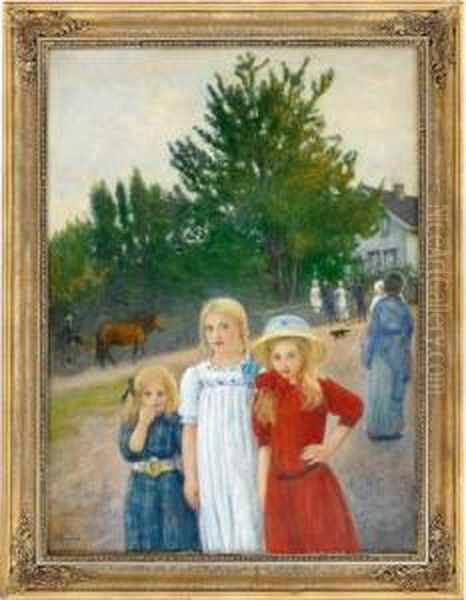 Gateparti Med Tre Piker Oil Painting by Hans Olaf Heyerdahl