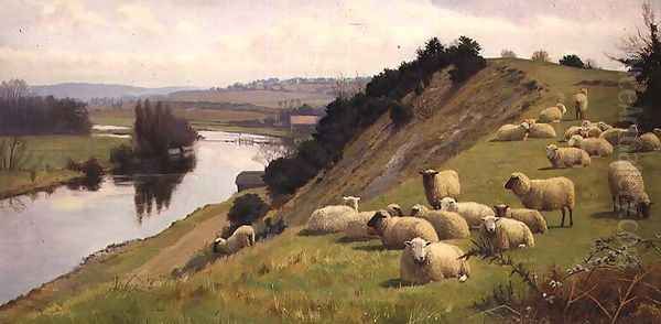 A Riverside Pasture with Sheep Oil Painting by William Sidney Cooper