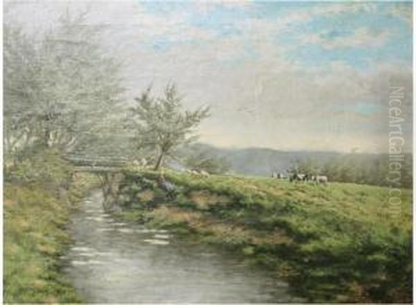 Female Shepherd Near A Brook Oil Painting by Adriaan Jozef Heymans