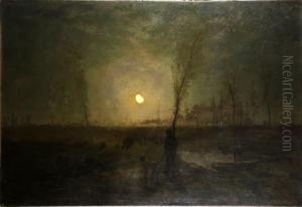 Promeneur Au Clair De Lune. Oil Painting by Adriaan Jozef Heymans