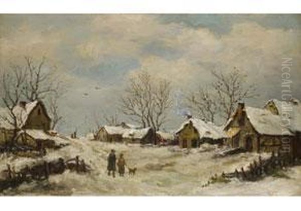 Verschneites Dorf Mit Einem Paar In Oil Painting by Adriaan Jozef Heymans