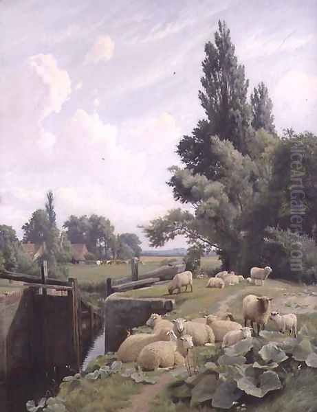 Landscape with a Canal Lock and a Flock of Sheep, 1884 Oil Painting by William Sidney Cooper