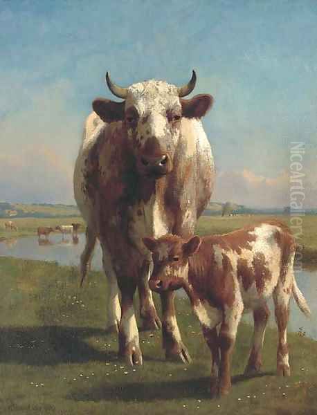 A shorthorn cow and calf Oil Painting by William Sidney Cooper