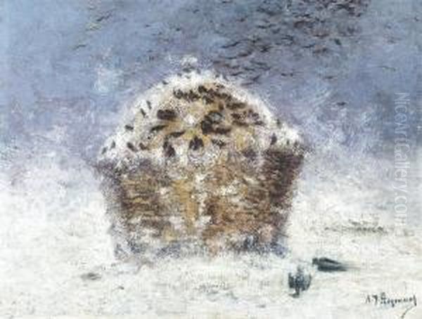 Haystack With Crows In Wintertimer Oil Painting by Adriaan Jozef Heymans