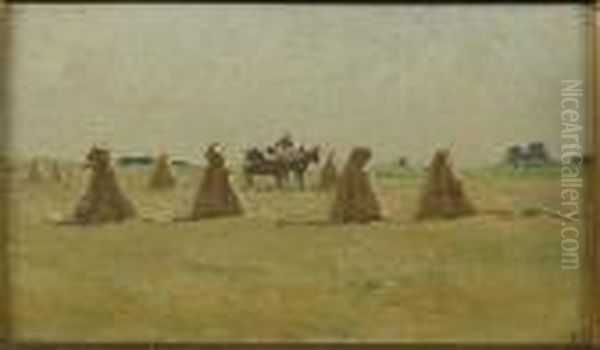 Hooimijten In Een Veld. Oil Painting by Adriaan Jozef Heymans