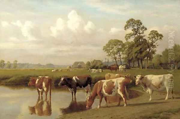 Cattle watering in a meadow Oil Painting by William Sidney Cooper