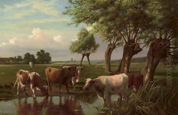 Cattle watering in a summer landscape Oil Painting by William Sidney Cooper