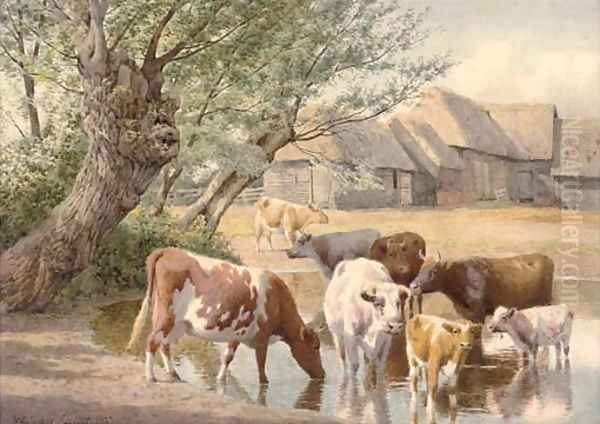 Cattle watering by a farmstead Oil Painting by William Sidney Cooper