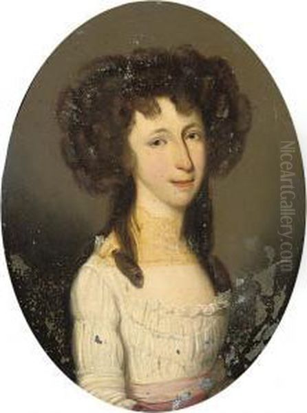 Portrait Of A Lady, Bust-length,
 In A White Dress And Pink Sash;and Portrait Of A Gentleman, 
Bust-length, In A Burgundy Coat Oil Painting by Thomas Hickey