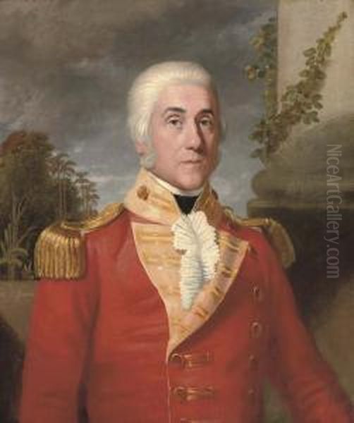 Portrait Of Major General George
 Wahab (1752-1808), Half-length, In The Uniform Of Colonel Of The 17th 
Madras Native Infantry, By A Pillar In An Exotic Landscape Oil Painting by Thomas Hickey