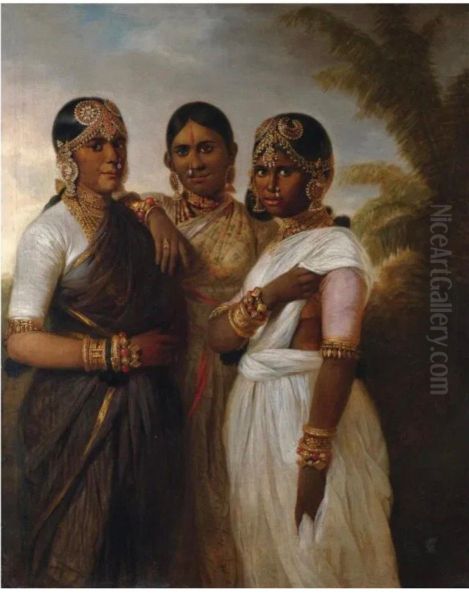 Portrait Of Three Princesses From Mysore Oil Painting by Thomas Hickey