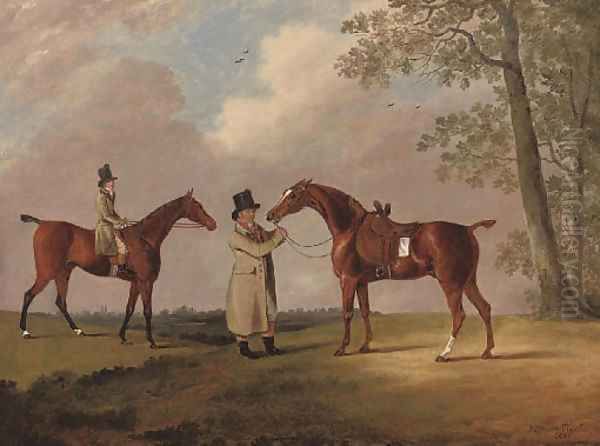 Two gentlemen with their hunters, in an extensive landscape Oil Painting by Edwin Cooper