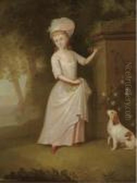 Portrait Of A Young Girl, 
Full-length, In A Pink Dress, In Agarden, A Spaniel By Her Side Oil Painting by Thomas Hickey