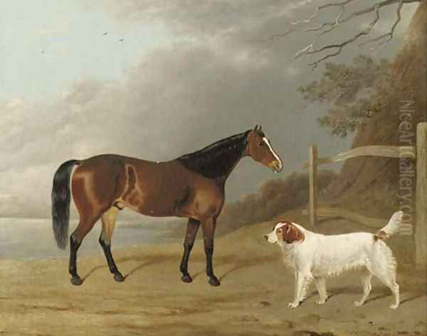 A Bay hunter with a dog by a fence Oil Painting by Edwin Cooper