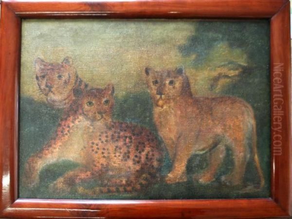 Three Big Cats: A Tiger, A Leopard And A Lioness Oil Painting by Edward Hicks