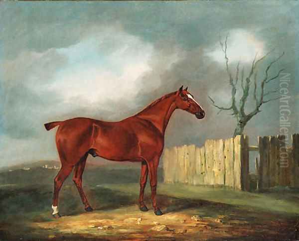 A chestnut Hunter by a Fence in an extensive Landscape Oil Painting by Edwin Cooper