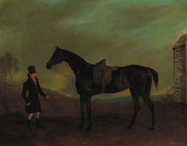 A side-saddled bay hunter with a groom in a landscape Oil Painting by Edwin Cooper