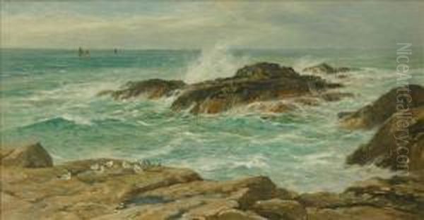 Coastalscene, Waves Crashing Over Rocks Oil Painting by Herbert William Hicks