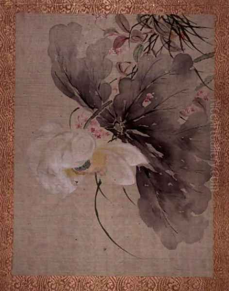 Peony Tree and Japanese Crab Apple Tree with blossom, from an album of twelve studies of Flowers, Birds and Fish Oil Painting by Tsubaki Chinzan