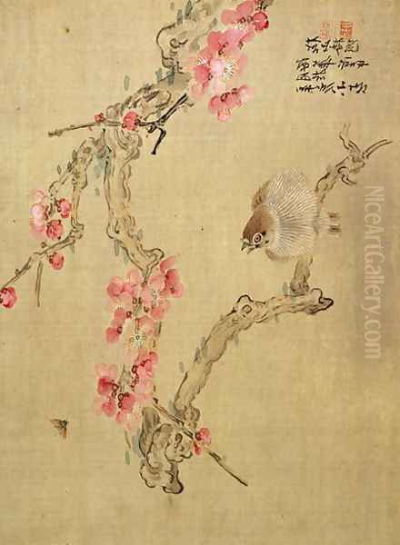 Tree blossom and bird, from an album of twelve studies of flowers, birds and fish Oil Painting by Tsubaki Chinzan