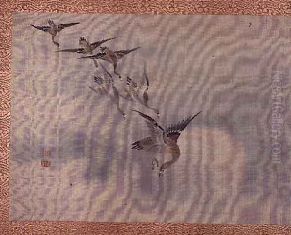 Flying Ducks, from an album of twelve studies of flowers, birds and fish Oil Painting by Tsubaki Chinzan