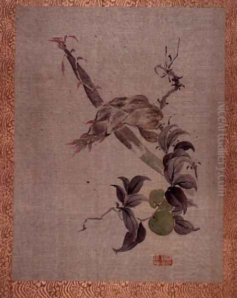 Apple and flowering plant, from an album of twelve studies of flowers, birds and fish Oil Painting by Tsubaki Chinzan