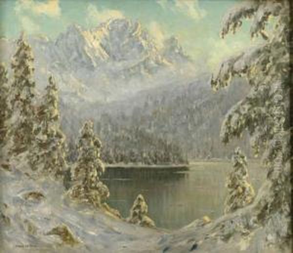 Winterlicher See Im Gebirge Oil Painting by Franz Hienl-Merre