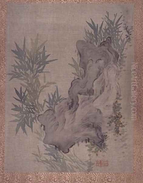 Bamboo and Rocks, from an album of twelve studies of Flowers, Birds and Fish Oil Painting by Tsubaki Chinzan