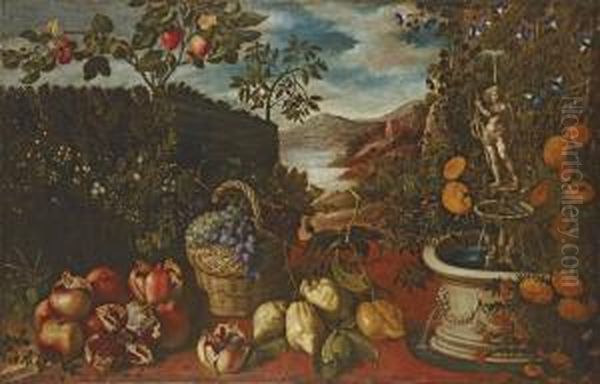 Pomegranates, Grapes In A Basket And Citrons In A Formal Garden With Fruit Oil Painting by Tomas Hiepes