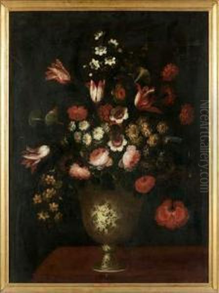 Bouquet De Fleurs Dans Un Vase Pose Sur Un Entablement Oil Painting by Tomas Hiepes