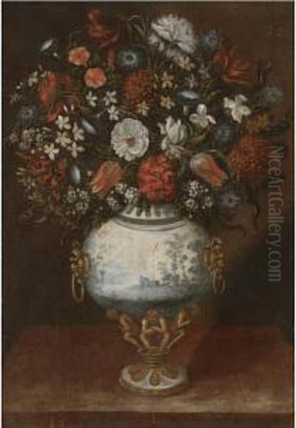 Still Life With Flowers In A 
Blue-and-white Porcelain-and-gilt Vase, With Morning-glory And Tulips Oil Painting by Tomas Hiepes