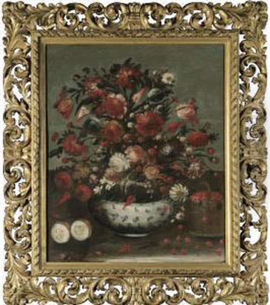 Still Life Of Flowers, Including
 Chrysanthemums And Parrot Tulips, In A Ceramic Bowl Beside A Basket Of 
Raspberries Oil Painting by Tomas Hiepes