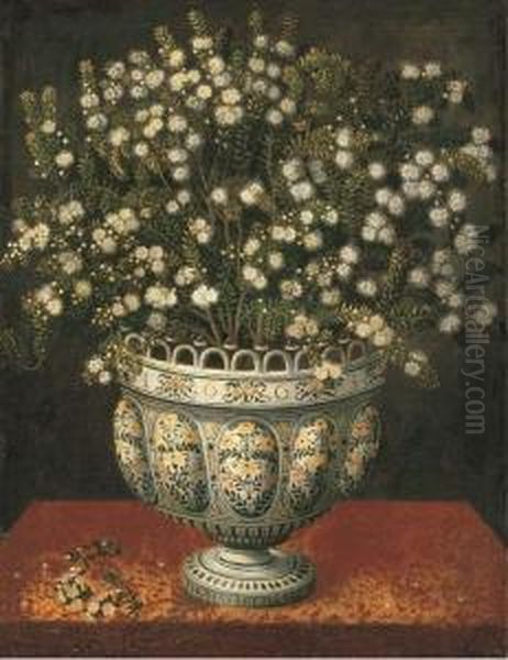 Myrtle In A Lobed-footed Polychrome Maiolica Manises Vase On Adraped Ledge Oil Painting by Tomas Hiepes