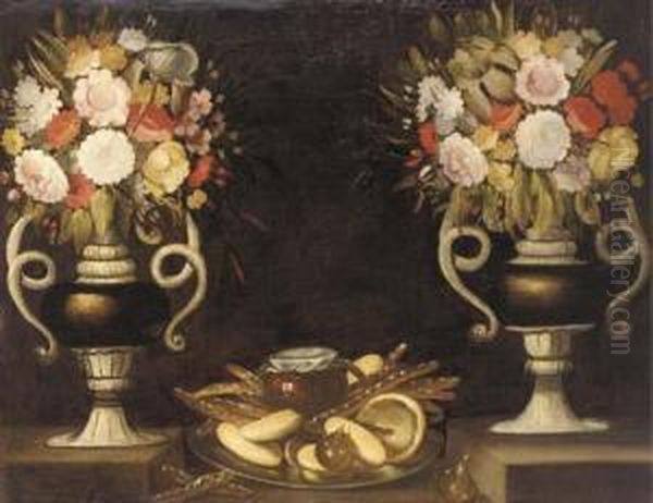 Mixed Flowers In A Pair Of Urns,
 Bread, A Jug Of Wine And Figs On A Silver Dish On A Ledge Oil Painting by Tomas Hiepes