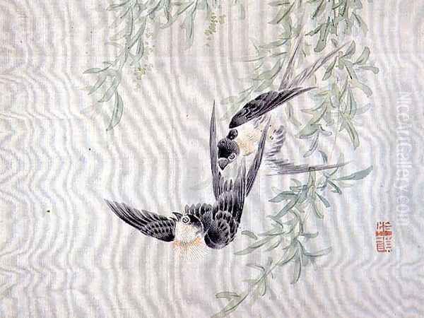 Swallows in flight, from an album of twelve studies of flowers, birds and fish Oil Painting by Tsubaki Chinzan