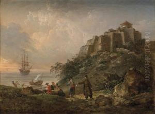 A Capriccio Of The Monastery Of Agios Ioannis Theologos, On The Island Of Patmos Oil Painting by Jean-Baptiste Hilaire