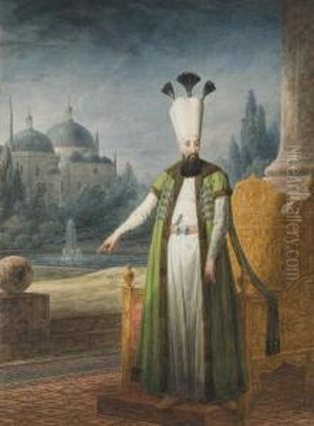 Portrait Of Sultan Abd-ul Hamid I
 Standing In Front Of A Golden Throne, A Domed Palace In The Distance Oil Painting by Jean-Baptiste Hilaire