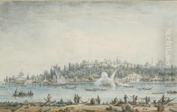 Vue De Constantinople, Avec La 
Pointe Du Serail Et La Basilique Sainte-sophie A L'arriere-plan Oil Painting by Jean-Baptiste Hilaire