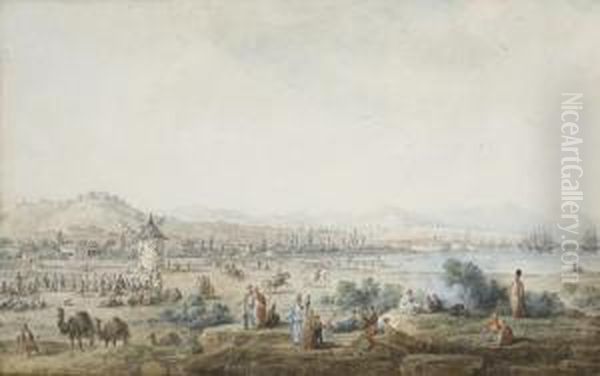 Vue De La Ville De Smyrne, Avec 
Des Orientaux, Des Dromadaires Et Des Chevaux, Un Moulin Au Premier Plan Oil Painting by Jean-Baptiste Hilaire